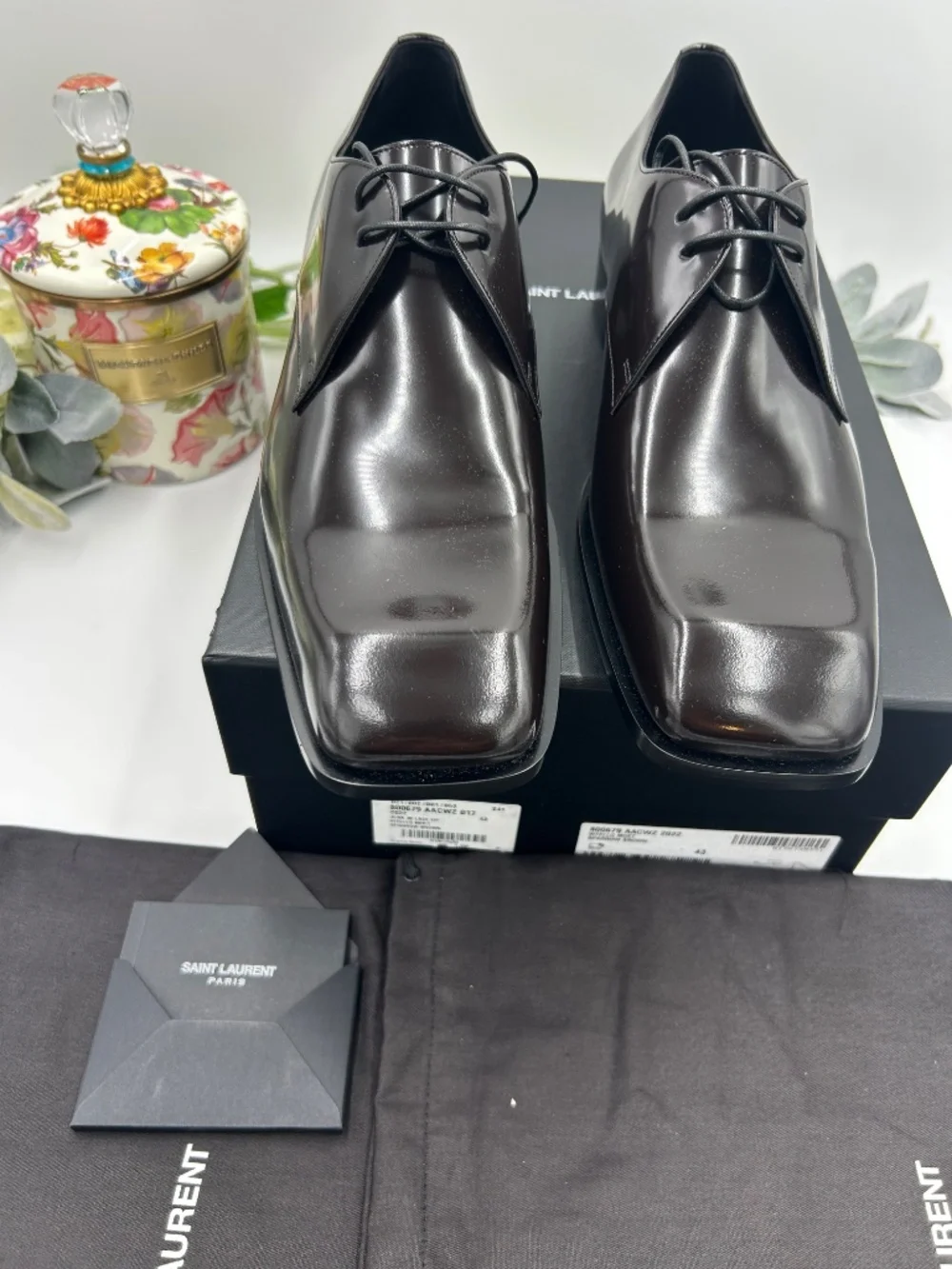 Men’s Saint Laurent Jean Polished-Leather Derby Shoes. size 43/10.